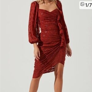 Astr Red Long Sleeve Ruched Dress